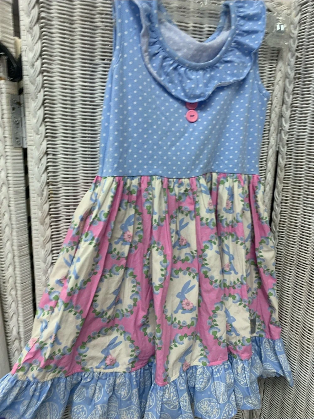 Sleeveless Blue & Pink Bunny Print Ruffle Dress for Girls
